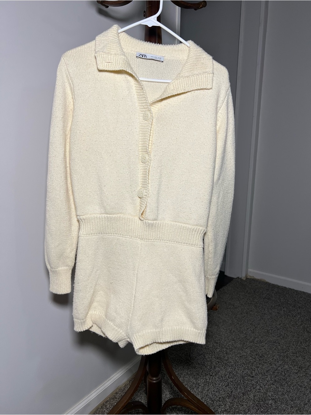 ZARA Ivory Knit Collared Button-Up Romper